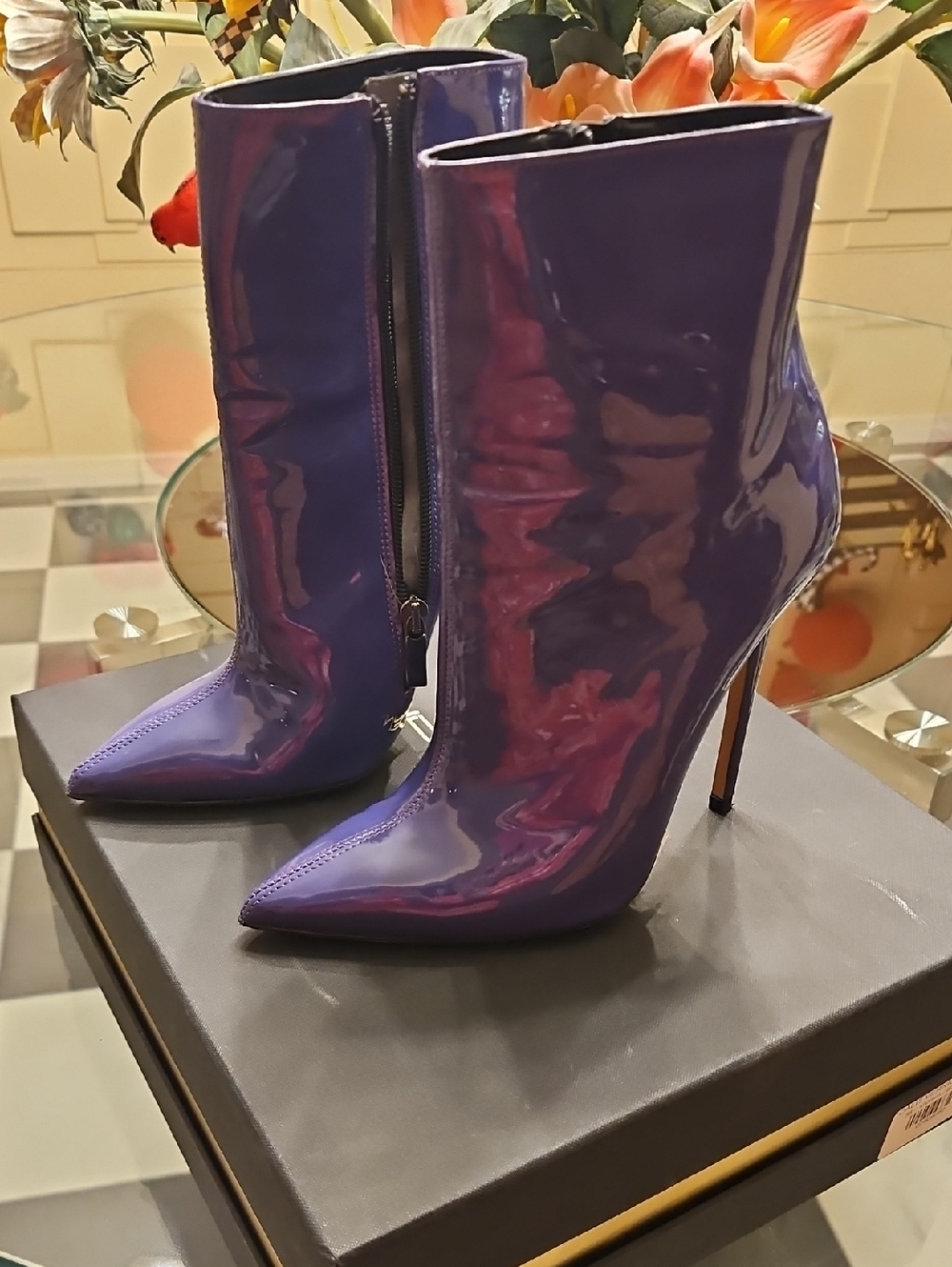 Patent Pointed-Toe Purple Stiletto Ankle Boots with Side Zip